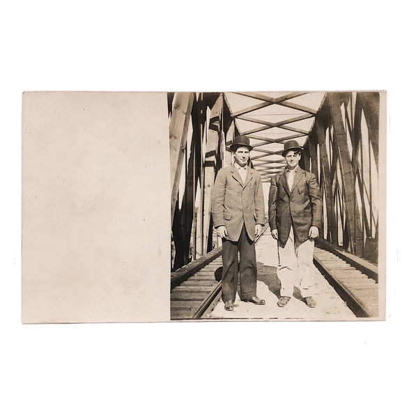 Two Suited Men on Bridge, Antique RPPC