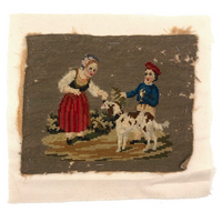 Antique Needlepoint of Two Children and Dog