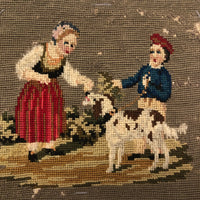 Antique Needlepoint of Two Children and Dog