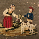 Antique Needlepoint of Two Children and Dog