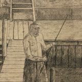 Fantastic Large Framed Naive Pencil Drawing with Fishing Man and Lounging Woman