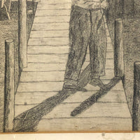 Fantastic Large Framed Naive Pencil Drawing with Fishing Man and Lounging Woman