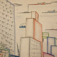 Skyscrapers, Newsstand and Rocketships Vintage Kid's Drawing by Robert Muller