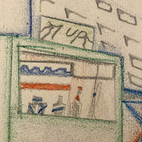 Skyscrapers, Newsstand and Rocketships Vintage Kid's Drawing by Robert Muller
