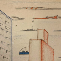 Skyscrapers, Newsstand and Rocketships Vintage Kid's Drawing by Robert Muller