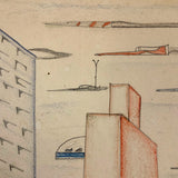 Skyscrapers, Newsstand and Rocketships Vintage Kid's Drawing by Robert Muller