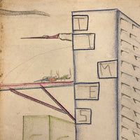Skyscrapers, Newsstand and Rocketships Vintage Kid's Drawing by Robert Muller