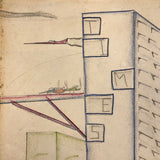 Skyscrapers, Newsstand and Rocketships Vintage Kid's Drawing by Robert Muller