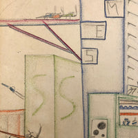 Skyscrapers, Newsstand and Rocketships Vintage Kid's Drawing by Robert Muller