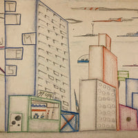 Skyscrapers, Newsstand and Rocketships Vintage Kid's Drawing by Robert Muller