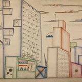 Skyscrapers, Newsstand and Rocketships Vintage Kid's Drawing by Robert Muller