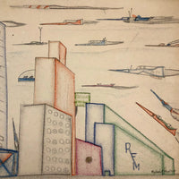 Skyscrapers, Newsstand and Rocketships Vintage Kid's Drawing by Robert Muller