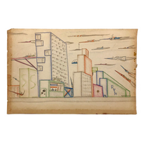 Skyscrapers, Newsstand and Rocketships Vintage Kid's Drawing by Robert Muller