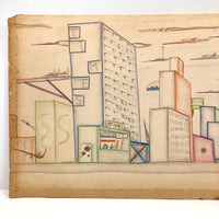 Skyscrapers, Newsstand and Rocketships Vintage Kid's Drawing by Robert Muller