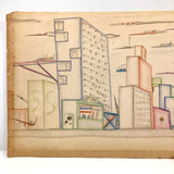 Skyscrapers, Newsstand and Rocketships Vintage Kid's Drawing by Robert Muller