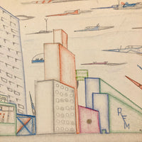 Skyscrapers, Newsstand and Rocketships Vintage Kid's Drawing by Robert Muller