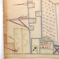 Skyscrapers, Newsstand and Rocketships Vintage Kid's Drawing by Robert Muller