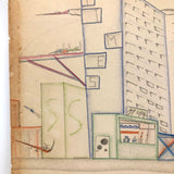 Skyscrapers, Newsstand and Rocketships Vintage Kid's Drawing by Robert Muller