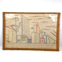 Skyscrapers, Newsstand and Rocketships Vintage Kid's Drawing by Robert Muller