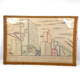 Skyscrapers, Newsstand and Rocketships Vintage Kid's Drawing by Robert Muller