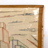 Skyscrapers, Newsstand and Rocketships Vintage Kid's Drawing by Robert Muller