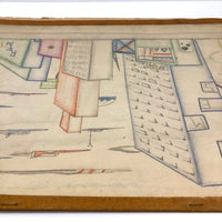 Skyscrapers, Newsstand and Rocketships Vintage Kid's Drawing by Robert Muller