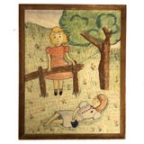 Large Nicely Framed Crayon Drawing of Two Girls in the Grass