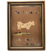 Be Kind to the Cow Mother Antique Punch Paper Embroidery, Framed