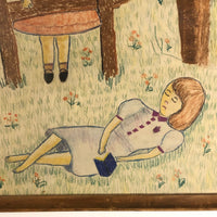 Large Nicely Framed Crayon Drawing of Two Girls in the Grass