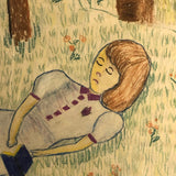 Large Nicely Framed Crayon Drawing of Two Girls in the Grass