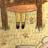 Large Nicely Framed Crayon Drawing of Two Girls in the Grass