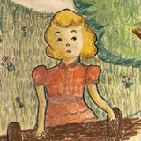 Large Nicely Framed Crayon Drawing of Two Girls in the Grass