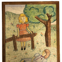 Large Nicely Framed Crayon Drawing of Two Girls in the Grass