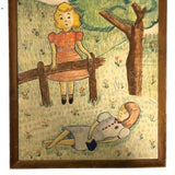Large Nicely Framed Crayon Drawing of Two Girls in the Grass
