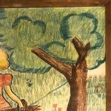 Large Nicely Framed Crayon Drawing of Two Girls in the Grass