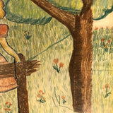 Large Nicely Framed Crayon Drawing of Two Girls in the Grass