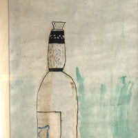 Large Naive Watercolor Still Life: Wine Bottle and Apple