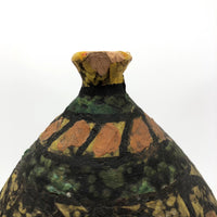 Mid-Century Fat Lava Yellow, Green, Peach and Black Vase