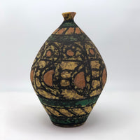 Mid-Century Fat Lava Yellow, Green, Peach and Black Vase