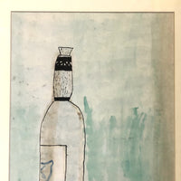 Large Naive Watercolor Still Life: Wine Bottle and Apple