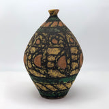 Mid-Century Fat Lava Yellow, Green, Peach and Black Vase