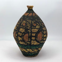 Mid-Century Fat Lava Yellow, Green, Peach and Black Vase