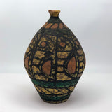 Mid-Century Fat Lava Yellow, Green, Peach and Black Vase