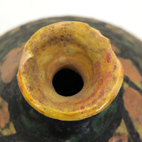Mid-Century Fat Lava Yellow, Green, Peach and Black Vase