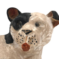 Perky Black and White Carved Wooden Dog with Glass Eyes and Pink Tongue!