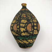 Mid-Century Fat Lava Yellow, Green, Peach and Black Vase