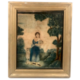 SOLD Marvelous Early 19th C. New England Theorem Painting, Woman with Lamb