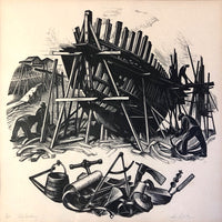 Clare Leighton "Ship Building" Signed and Numbered Vintage Wood Engraving