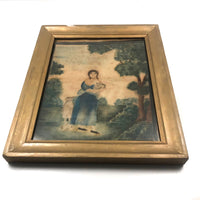 SOLD Marvelous Early 19th C. New England Theorem Painting, Woman with Lamb