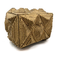Spectacular Large Gold Painted Tramp Art Box with Many Hearts